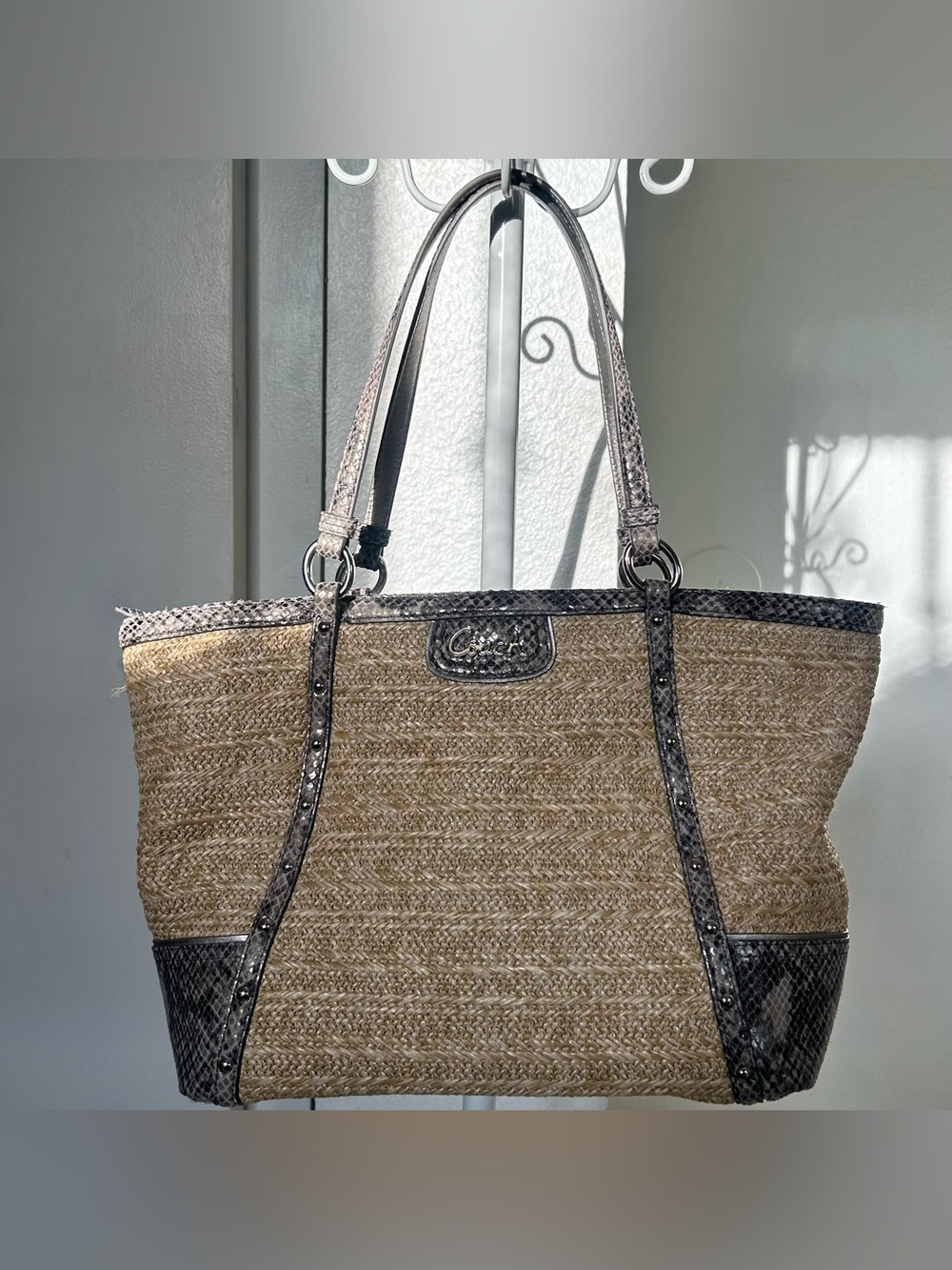 COACH EUC Alexandra straw tote with python leather trim